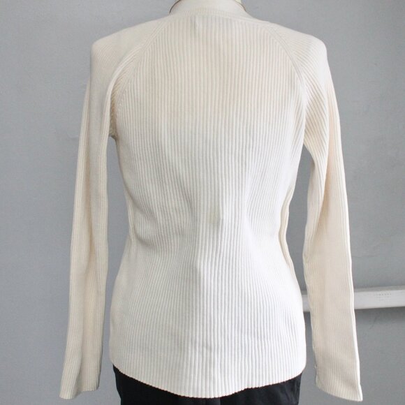 Jones New York VTG Y2K Cream Cotton Ribbed Button Cardigan Sweater Size Large - Picture 2 of 9